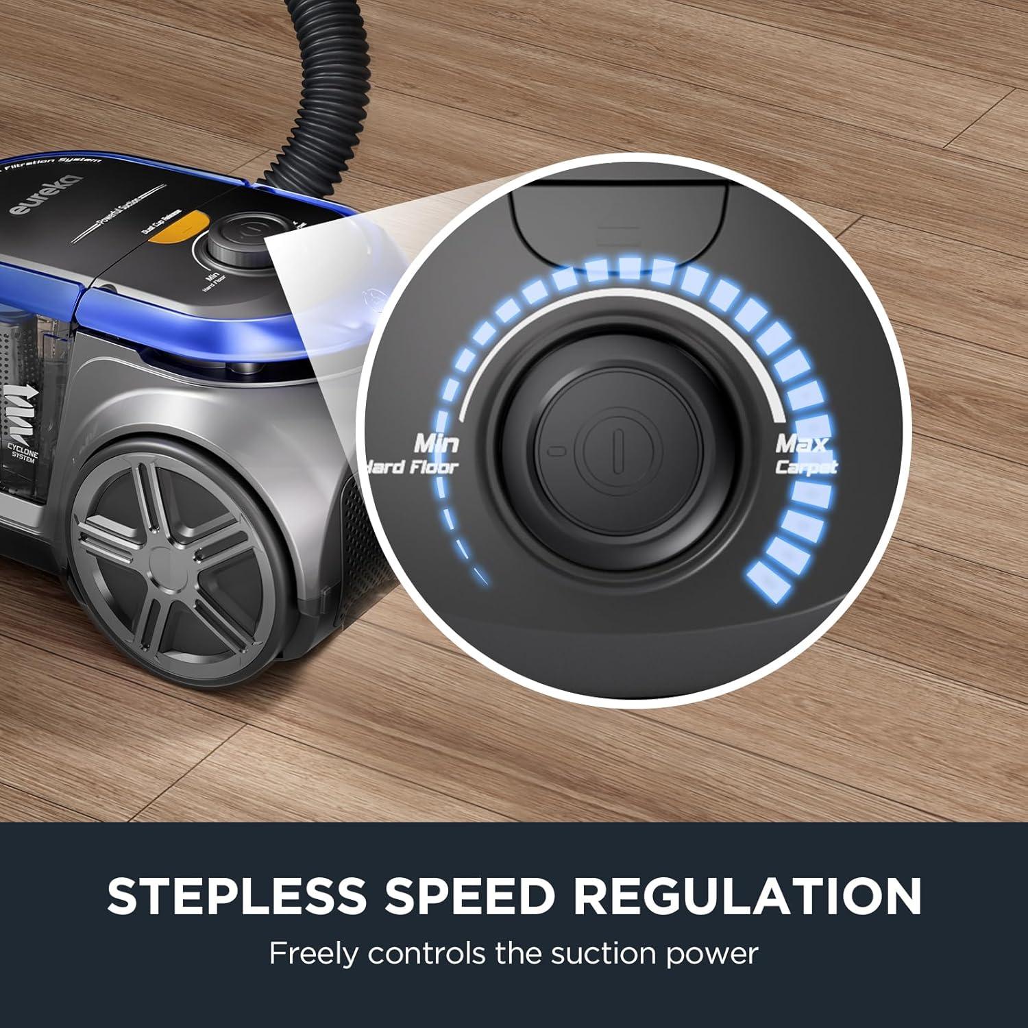 imageEureka Bagless Canister Vacuum with Washable HEPA Filter 16KPA Suction for CarpetsHard Floors Compact Design with 3 Cleaning Tools 2Motor Household Vacuum Lightweight and Easy ManeuverableIndigo Blue