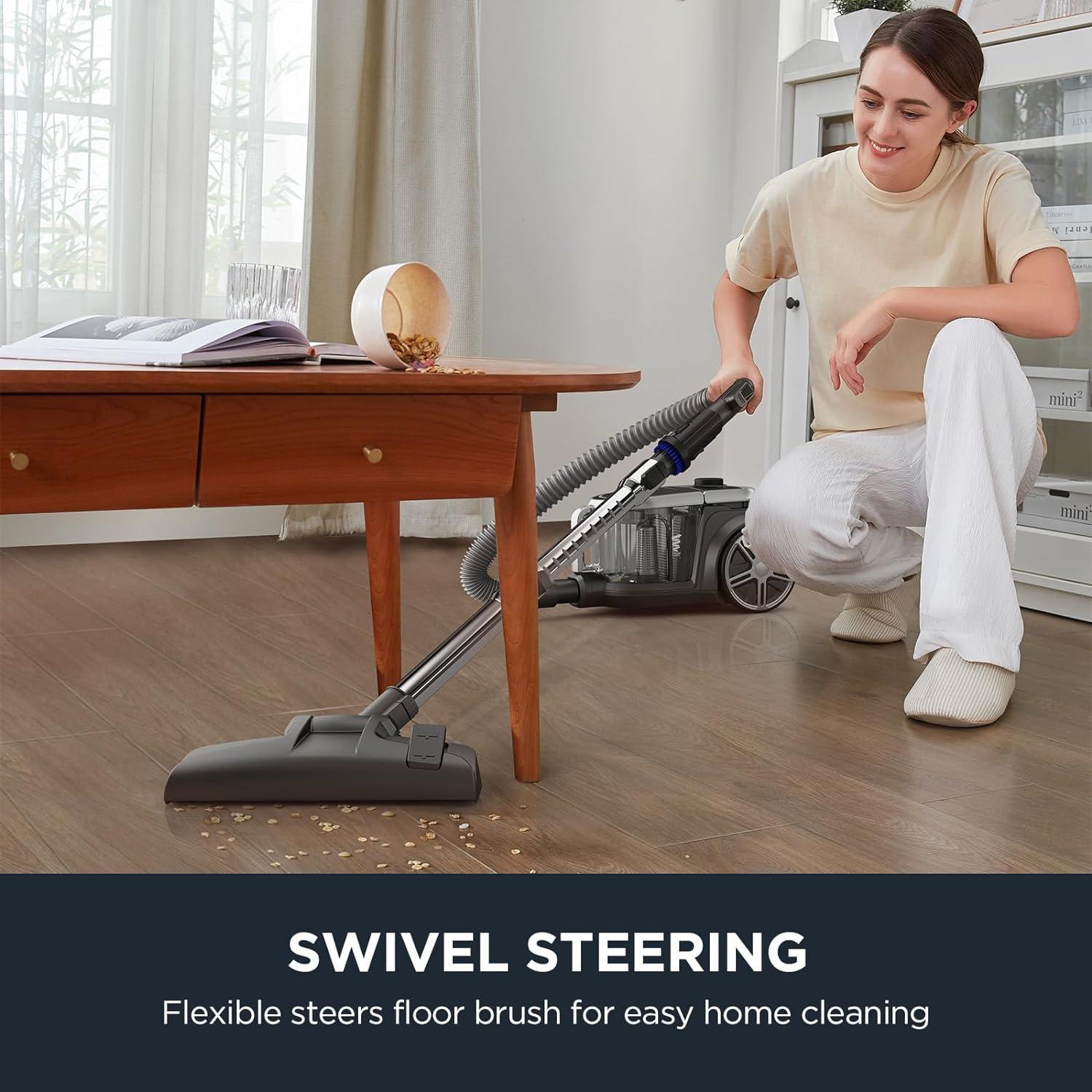 imageEureka Bagless Canister Vacuum with Washable HEPA Filter 16KPA Suction for CarpetsHard Floors Compact Design with 3 Cleaning Tools 2Motor Household Vacuum Lightweight and Easy ManeuverableSilver With Black
