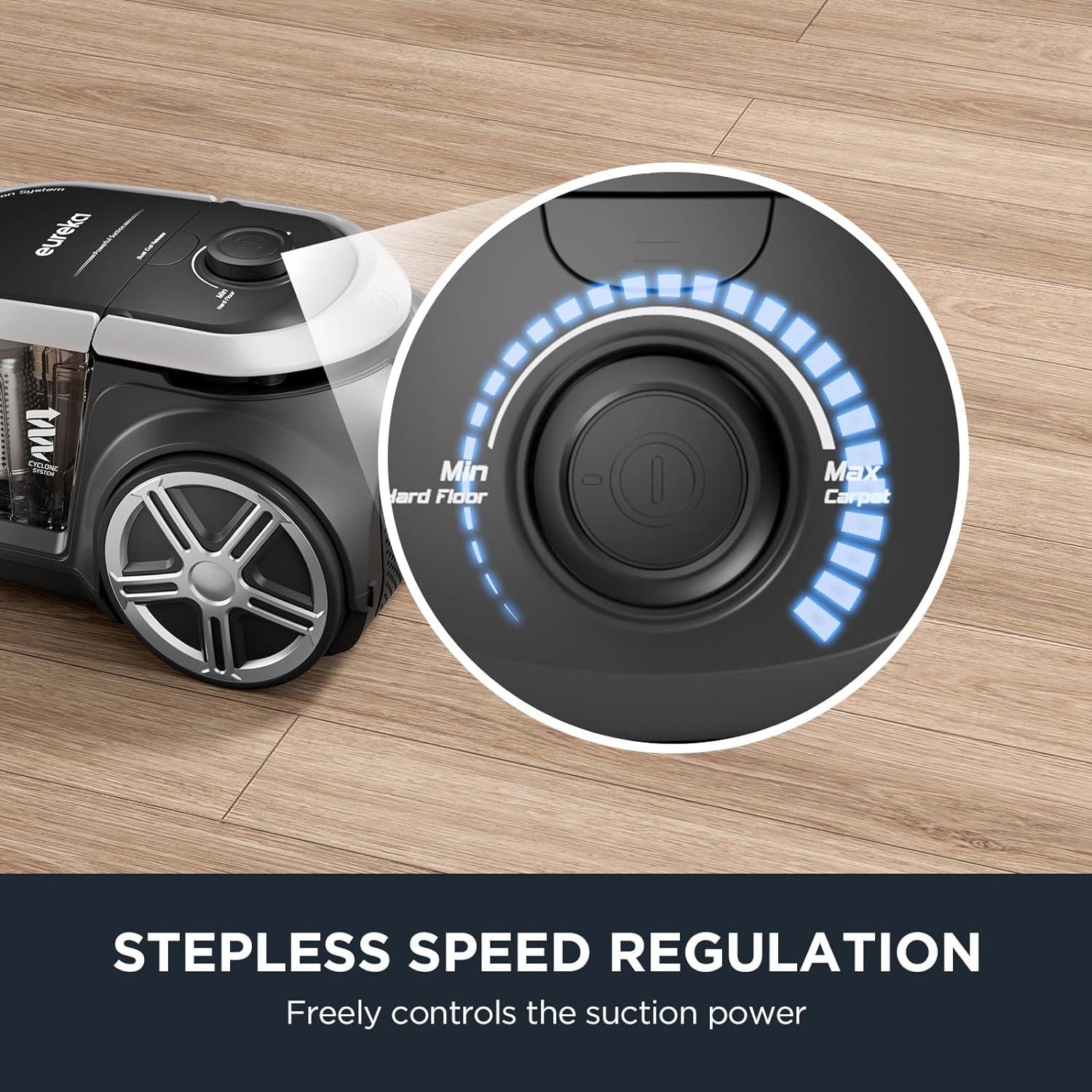 imageEureka Bagless Canister Vacuum with Washable HEPA Filter 16KPA Suction for CarpetsHard Floors Compact Design with 3 Cleaning Tools 2Motor Household Vacuum Lightweight and Easy ManeuverableSilver With Black