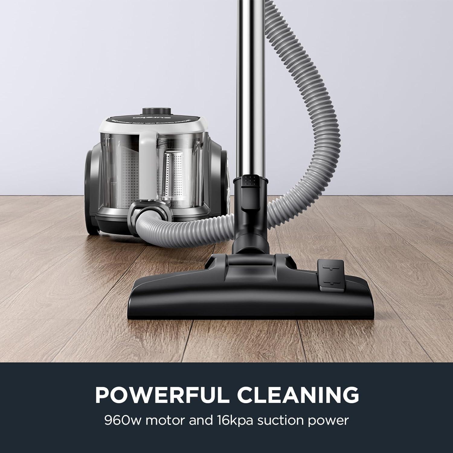 imageEureka Bagless Canister Vacuum with Washable HEPA Filter 16KPA Suction for CarpetsHard Floors Compact Design with 3 Cleaning Tools 2Motor Household Vacuum Lightweight and Easy ManeuverableSilver With Black