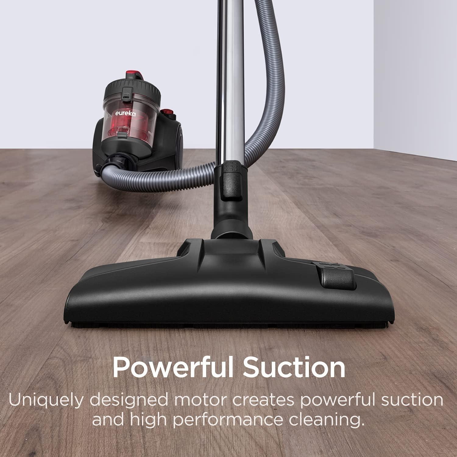 imageEureka Bagless Canister Vacuum with Washable HEPA Filter 16KPA Suction for CarpetsHard Floors Compact Design with 3 Cleaning Tools 2Motor Household Vacuum Lightweight and Easy ManeuverableRed