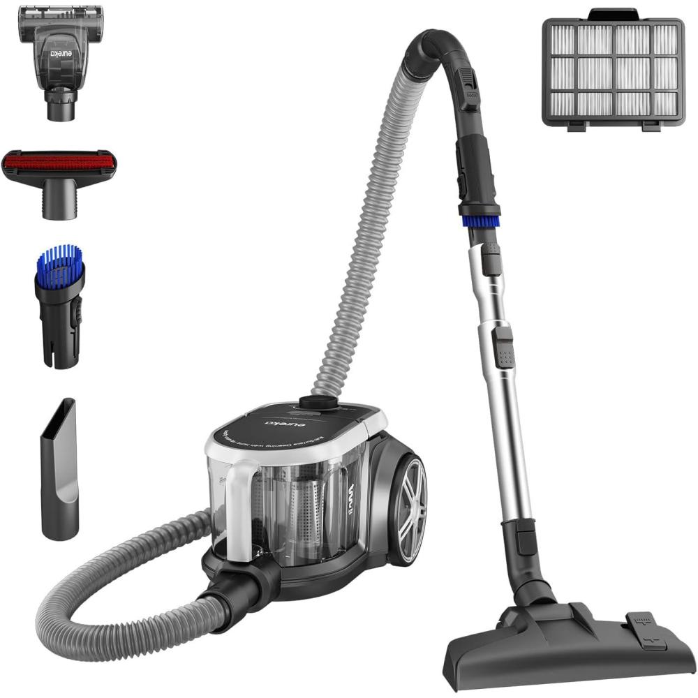 imageEureka Bagless Canister Vacuum with Washable HEPA Filter 16KPA Suction for CarpetsHard Floors Compact Design with 3 Cleaning Tools 2Motor Household Vacuum Lightweight and Easy ManeuverableSilver With Black