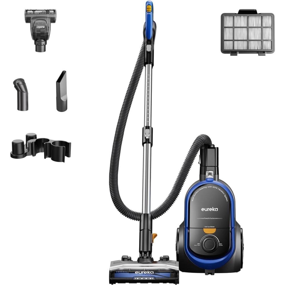 imageEureka Bagless Canister Vacuum with Washable HEPA Filter 16KPA Suction for CarpetsHard Floors Compact Design with 3 Cleaning Tools 2Motor Household Vacuum Lightweight and Easy ManeuverableIndigo Blue