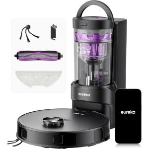 imageEureka E20 Evo Plus Robot Vacuum and Mop Combo 10000Pa Suction Robot Vacuum Cleaner Bagless SelfEmptying Station 45Day Capacity AntiHairTangling Side Brush Mop Lifting App Control LiDAR NavBlack